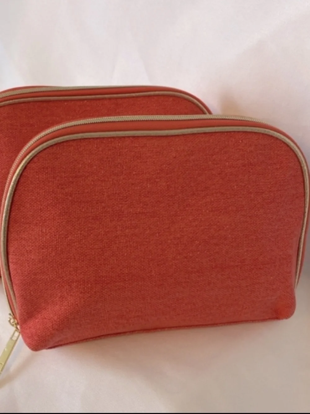 LANCOME Cosmetic Pouch Bag 1 Salmon Gold Zip Close Tweed Pattern Makeup NEW